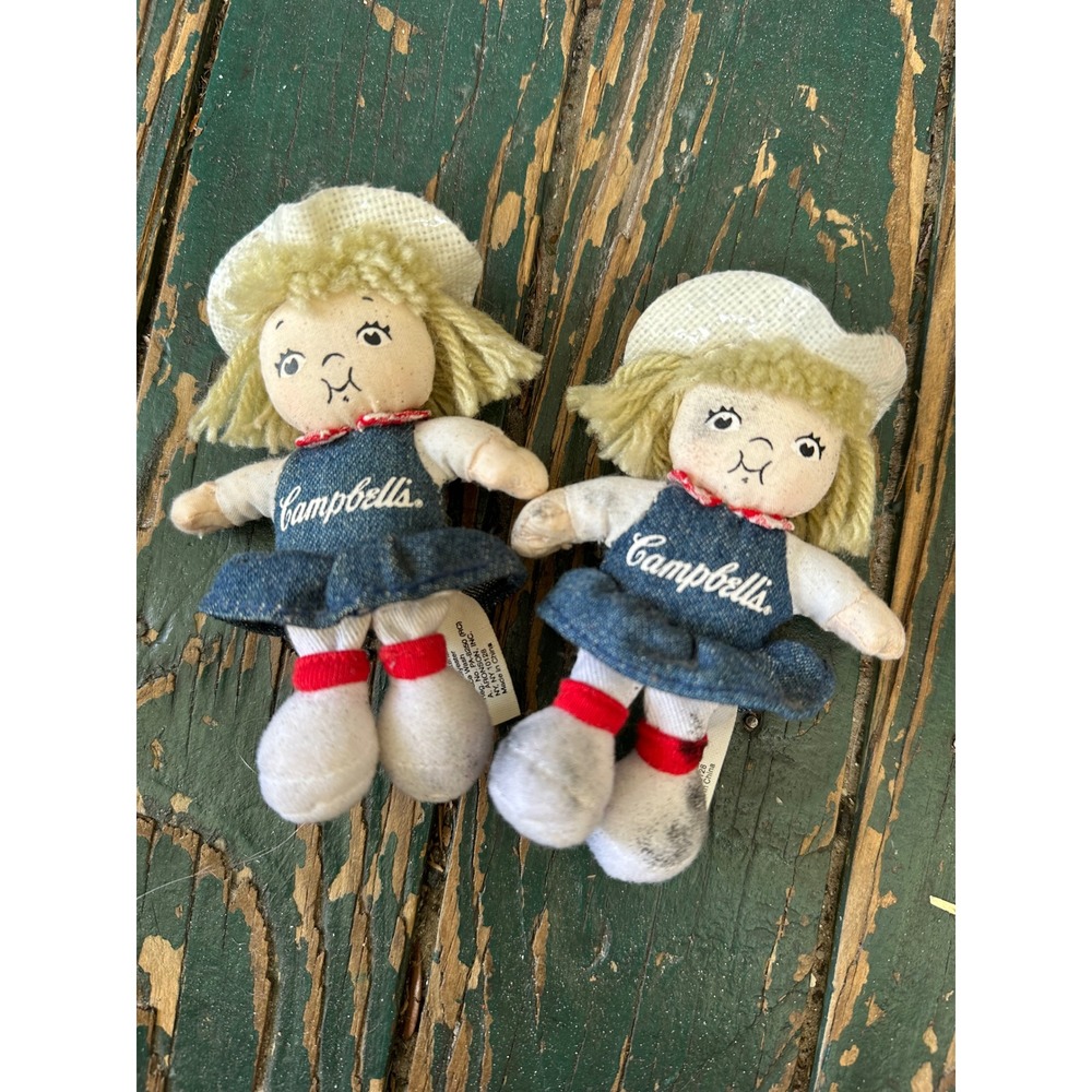 Vintage 2002 Campbells Soup Kids Plush Dolls Denim Dress magnetic